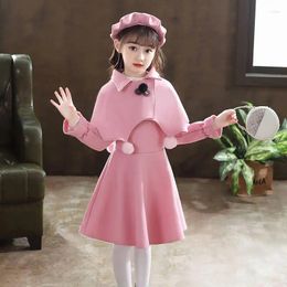 Conjuntos de ropa Trajes para niños para niñas Moda Princesa Vestido Abrigo Boina 2 PCS Niños Otoño Invierno Cumpleaños Lana Coreano Lindo Traje S40