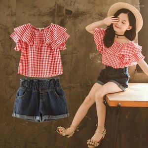 Ensembles de vêtements Vêtements d'été pour enfants Plaid Hauts à volants Short en jean Coton Bébé Bleu Jeans Courts pour adolescentes