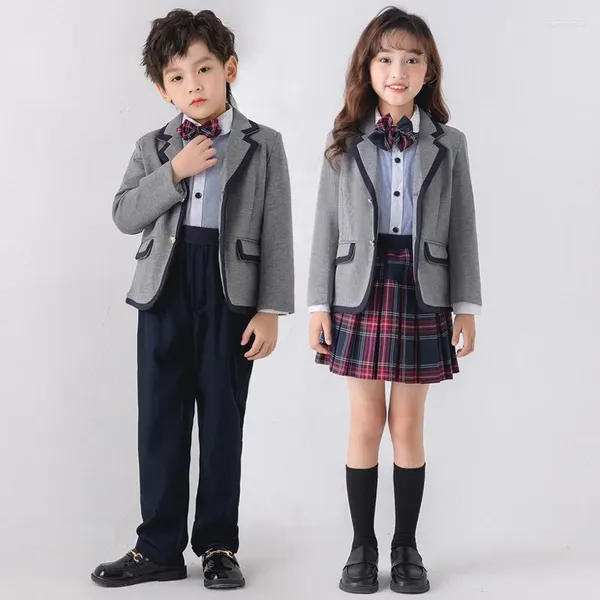 Ensembles de vêtements Uniforme scolaire pour enfants Filles Veste grise britannique Jupe plissée à carreaux Garçons Costumes de robe formelle Enfants Vêtements d'étudiants Classe