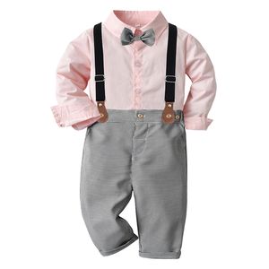 Ensembles de vêtements Enfants Tenues solides pour garçons Chemise à revers rose à simple boutonnage avec pantalon gris Enfants Printemps Automne Anniversaire Porter 1 2 3 4 5 6 7Y 230823