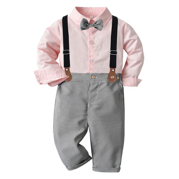 Ensembles de vêtements Enfants Tenues solides pour garçons Chemise à boutonnage simple à revers rose avec pantalon gris Enfants Printemps Automne Anniversaire Porter 1 2 3 4 5 6 7Y 230818