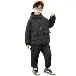 Ensembles de vêtements enfants hiver pour tout-petits garçons poches hauts à capuche pantalons épais deux pièces bébé tenues de couleur unie 2-13 ans