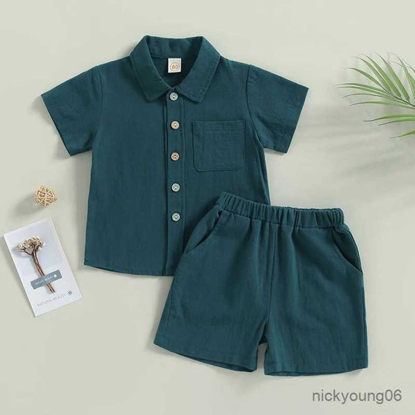 Vêtements Ensembles pour enfants Vêtements garçons Summer 2023 enfants bouton solide bouton de coton en lin shirts à manches courtes short pantalon vêtements pour garçons