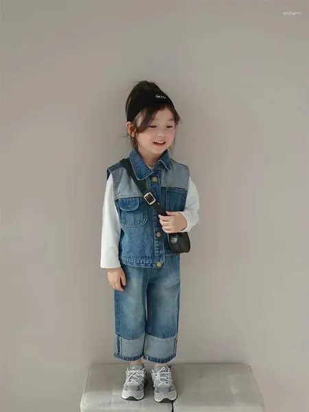 Ensembles de vêtements pour enfants filles automne Cowboy enfants gilet jeans décontractés deux pièces ensemble solide col rabattu animé