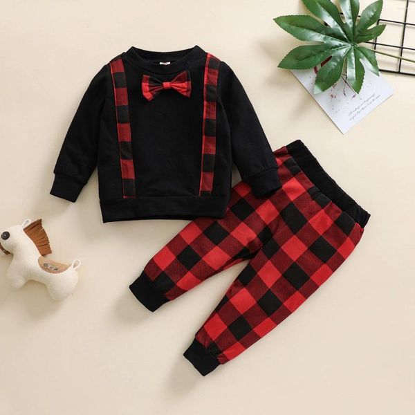 Conjuntos de ropa Navidad Baby Boy Pantalones de manga larga Estampado a cuadros Arco Cuello Decoración Cintura elástica Festivo