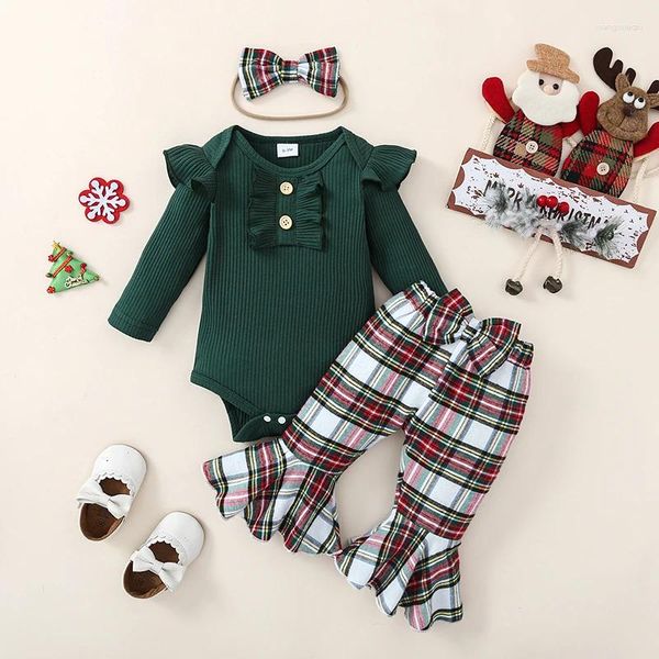 Ensembles de vêtements de Noël pour bébé fille, barboteuse côtelée à manches longues avec pantalon évasé à carreaux et bandeau à nœud
