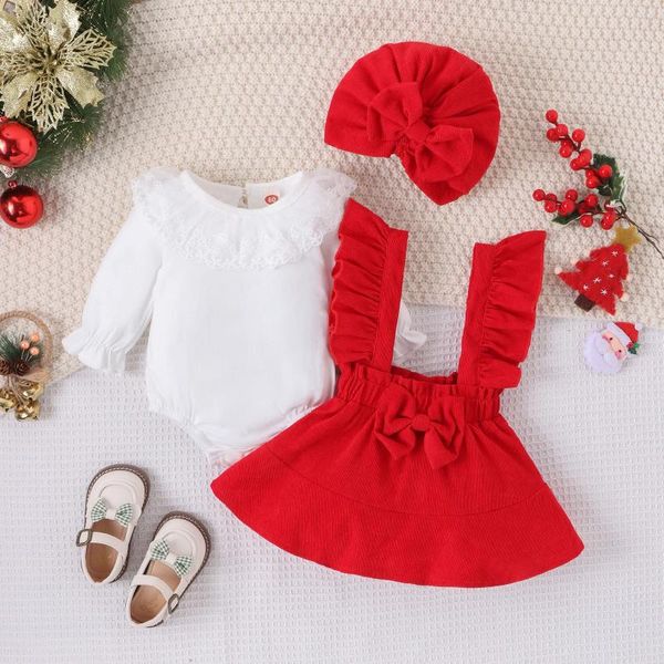 Ensembles de vêtements de Noël pour bébés filles, tenue d'automne blanche, hauts à manches longues, couleur unie/à carreaux, jupe à bretelles, chapeau