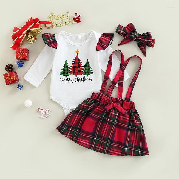 Conjuntos de ropa, falda de Navidad para niñas pequeñas, mameluco con estampado de letras de árbol de manga larga, diadema con tirantes de árbol a cuadros, diadema para bebés