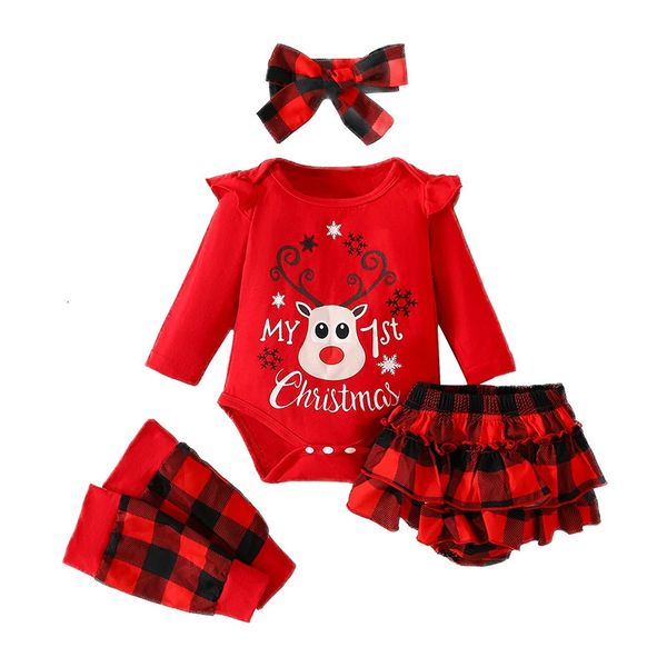 Conjuntos de ropa Nacido en Navidad Bebé Impreso Manga larga Elk Onesies Bragas a cuadros 4 piezas Set 018 meses para ropa de niña Trajes 231207