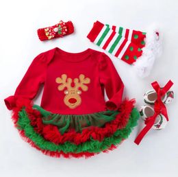 Conjuntos de roupas Trajes de Natal para bebês meninas bonitos macacão de alce de árvore com saias de tutu de renda 4 peças conjunto nascido infantil crianças presente de festa 231109