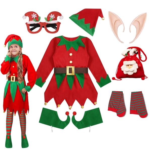 Conjuntos de ropa Elfo de Navidad Disfraces para niñas pequeñas Vestido de manga larga y cinturón Sombrero Zapatos Medias a rayas Orejas Conjunto Cosplay Fiesta Juego de roles 231207