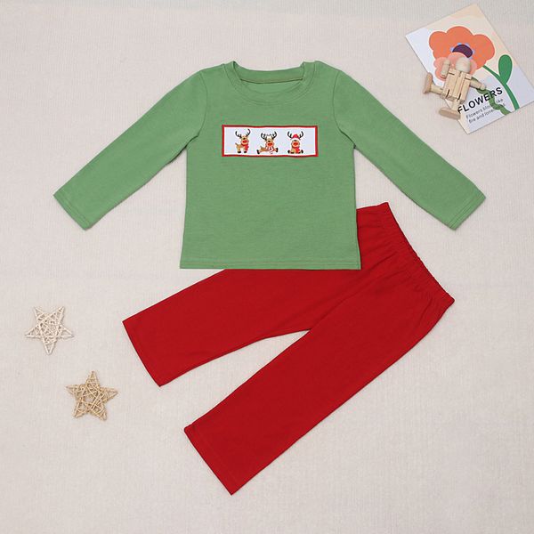 Ensembles de vêtements Noël broder cerf enfants garçons vêtements enfant bébé rouge vert costume couleur unie pantalon tenue coton laddish ferme styles 230823