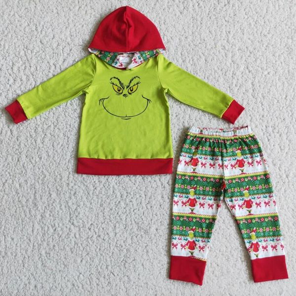 Conjuntos de ropa Ribbon de Navidad impresa para el traje encapuchado del bebé Camiseta verde Camiseta Pantalones Boutique de 2 piezas para niños