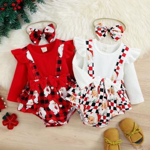 Ensembles de vêtements Barboteuse de Noël pour bébés filles volants à manches longues à carreaux Santa Claus Prints Bowknot Body Bodys Bandeaux Set Cadeau de Noël