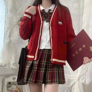 Ensembles de vêtements Uniforme scolaire de Noël Cardigan en tricot Pull JK Style japonais Sailor Plaid Jupe plissée Anime Cosplay Costume Femmes Année