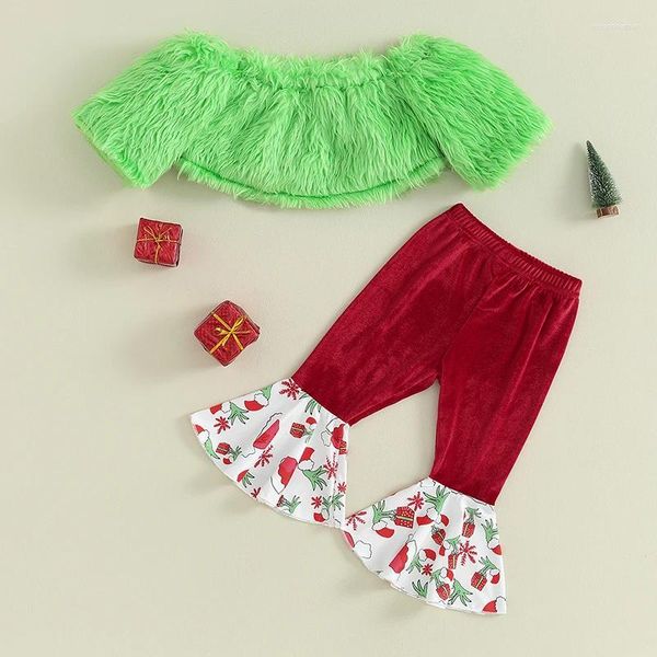 Ensembles de vêtements CitgeeAutumn Noël Enfant Filles Pantalon Ensemble À Manches Courtes Hors Épaule Hauts Patchwork Flare Tenue Vêtements De Noël