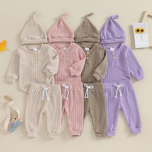 Kledingsets CitgeeHerfst Baby Baby Meisjeskleding Outfits Effen Kleur Rompertjes met lange mouwen en elastische broek Muts Herfstset