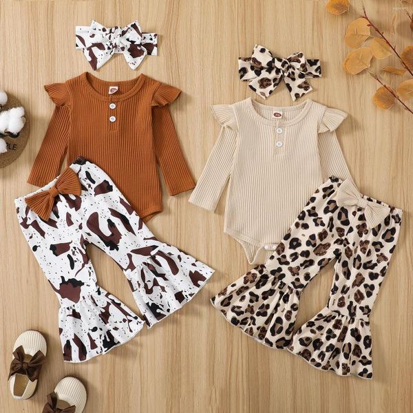 Conjuntos de ropa CitgeeAutumn Infant Baby Girls Mono Color sólido Manga acanalada Mameluco Leopardo Pantalones acampanados Ropa de primavera