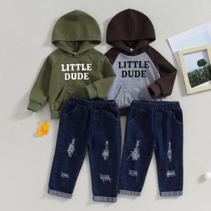 Kledingsets CitgeeAutumn Babyjongensoutfits met letterprint, capuchon, sweatshirt met lange mouwen en gescheurde spijkerbroek Herfstkleding