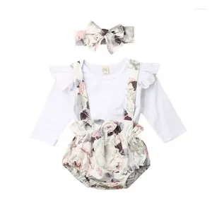 Ensembles de vêtements CitgeeFall automne infantile bébé fille vêtements à manches longues hauts blancs barboteuse fleur bavoir shorts tenue printemps ensemble