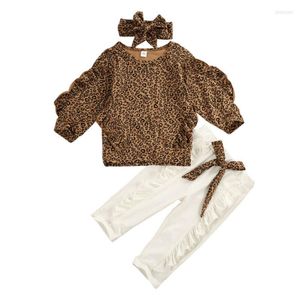 Kledingsets Citgeefall Autumn Kid Baby Girl Cleren Ruffle Leopard Tops Leggings Witte broek Outfit Set Tracksuit