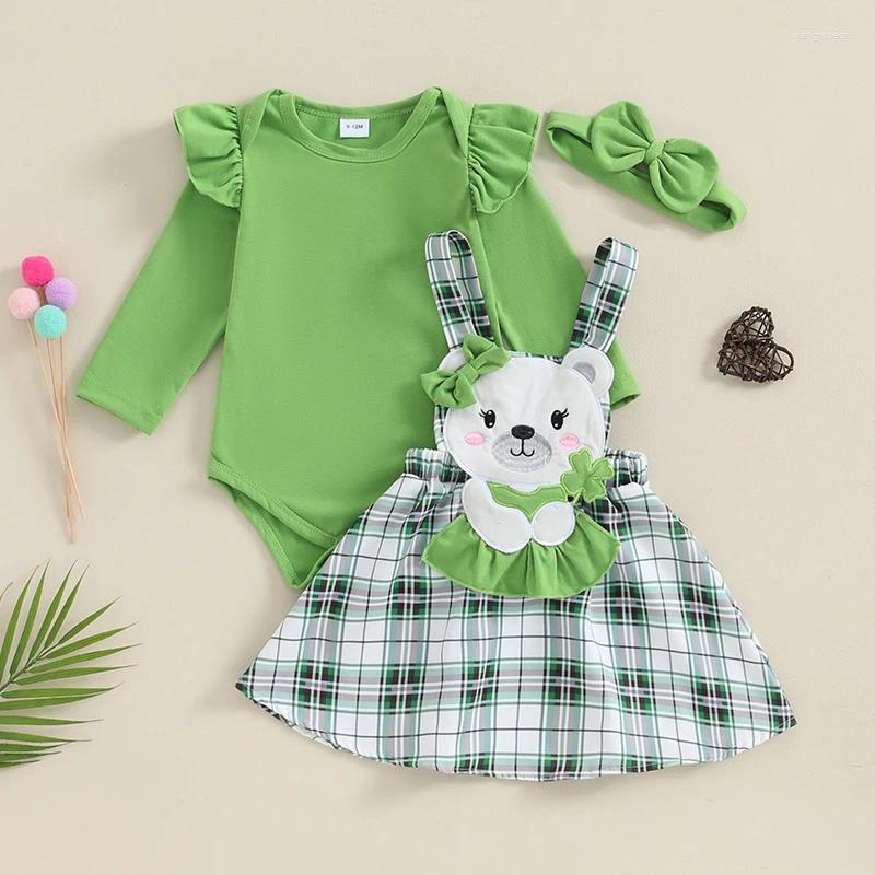Kläderuppsättningar Citgeespring St. Patrick's Day Spädbarn Baby Girl Outfit Solid Color Long Sleeve Romper broderi övergripande klänning pannbandsset