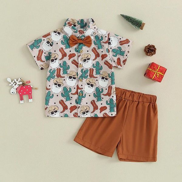 Conjuntos de ropa CitgeeSummer Navidad Niños Niño Niño Caballero Conjunto Cactus Impreso Manga corta Botón Camisa Bowtie Shorts Ropa