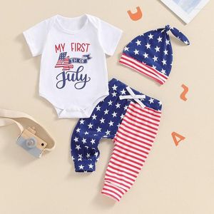 Kledingsets Citgeesummer Independence Day baby Baby Boy Outfit Letter Afdrukken Korte mouwen Romper en Elastische Star Stripe Pants Hoed Set