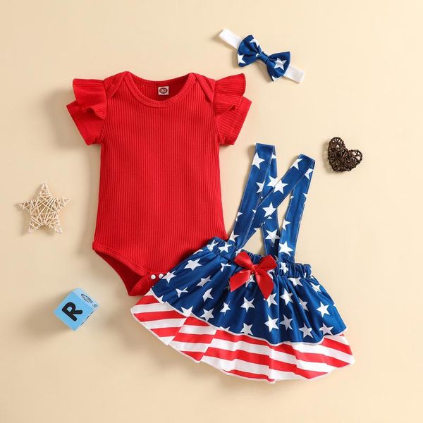 Ensembles de vêtements CitgeeSummer Independence Day Infant Girls Outfits Sleeve Romper + Stars Stripe Print Jarretelles Jupes Bandeau Set