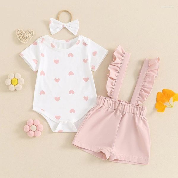 Ensemble de vêtements Citgeesummer Baby Girl Toins Tenues Heart Imprimé à manches courtes Roupers Ruffles Suspender Shorts Bandband Clothes