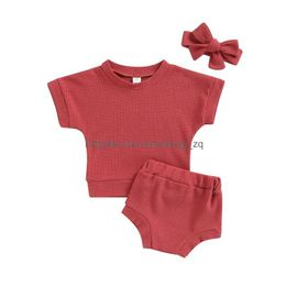 Kledingsets Citgeesummer baby Babymeisjes Kleding Solide kleur Korte mouw Tops en casual shorts Hoofdbandpak Drop leveren Dh3DJ