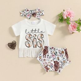 Kledingsets Citgeesummer Infant Baby Girls Outfits Letter Afdrukken Korte mouw Tassel T-shirt Bloemen shorts en hoofdbandkledingset