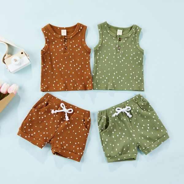 Ensembles de vêtements CitgeeSummer infantile bébé filles garçons vêtements points motif tricoté boutons hauts sans manche taille élastique Shorts costume