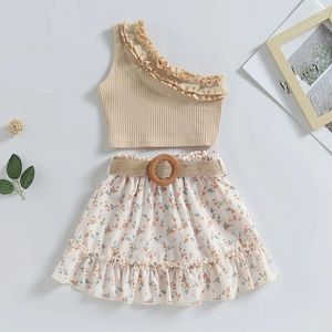 Ensembles de vêtements CitgeeSummer Enfants Bébé Fille Tenue Casual Épaule Côtelée Hauts Élastique À Volants Jupe Florale Ceinture Vêtements Ensemble