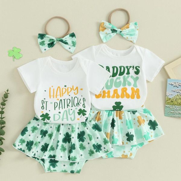 Ensembles de vêtements CitgeeSummer St. Patrick's Day infantile bébé filles tenues à manches courtes barboteuse jupe short bandeau ensemble vêtements