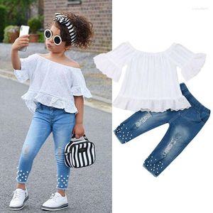 Ensembles de vêtements CitgeeSummer Toddler Kids Baby Girls Tops White T-shirt Denim Long Pants Jeans Outfits Fashion Set