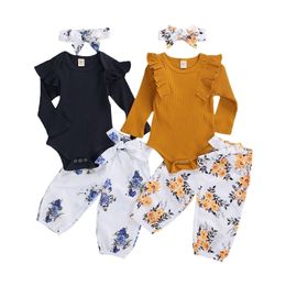 Kledingsets Citgeett herfst babymeisjes kleding peuter lange mouw stevige tops ruches bloemen print broek hoofdband veer 221007