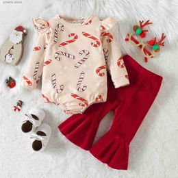 Kledingsets Citgeett herfst kerst baby baby meisjes outfits print lange mouw romper + effen kleur fluwelen flare broek kerstset