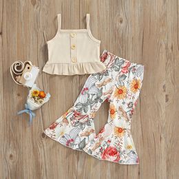 Kledingsets Citgeett Summer Kids Toddler Baby Girl -kleren Set massief gebreide geribbelde ruches mouwloze tops bloemenprint wijd uitlopende broek 230512