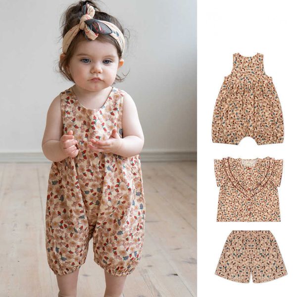 Ensembles de vêtements Vêtements pour filles Série Fleur cassée Vêtements pour enfants Fleur de mûrier Feuille de lotus Manches Bébé Coton Sangle Barboteuse