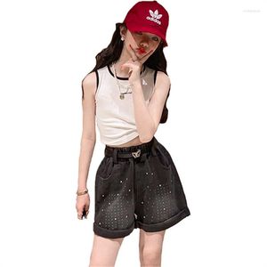 Kledingsets Kleding voor meisjes Vest Diamanten shorts met riem 2 STUKS Zomeroutfits Kinderen Meisje Mouwloos Mode Koreaanse pakaanbiedingen