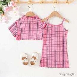 Ensembles de vêtements Ensemble de vêtements pour enfant fille 3-7 ans chemisier à manches courtes jupe à bretelles à carreaux robes de princesse tenue d'été pour bébé fille