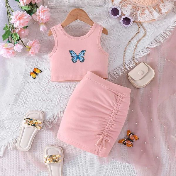 Conjuntos de ropa Juego de ropa para niña para niña de 4 a 7 años Vest sin mangas rosado y elegante envoltura de envoltura caricatura de mariposa de mariposa para bebé2405
