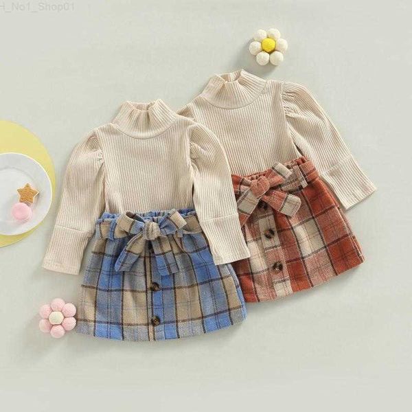 Conjuntos de ropa Conjuntos de ropa 0-4Y Niños Niñas Otoño Invierno Ropa Conjunto Bebé Puff Manga larga Cuello alto Punto Tops Falda a cuadros con cinturón Trajes para niños Z230726