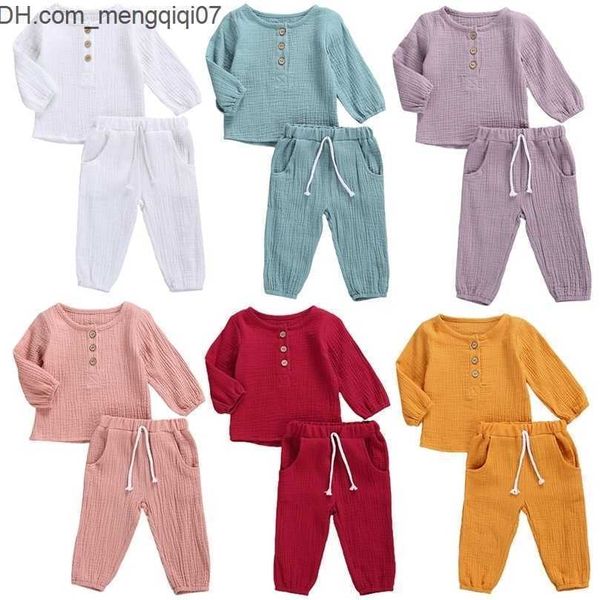 Conjuntos de ropa Conjuntos de ropa 05Y Ropa de lino de algodón para bebés bebés Otoño Niños Niñas Botón Camiseta de manga larga Top Pantalones largos Sólido 2 piezas Trajes 220928 Z230701