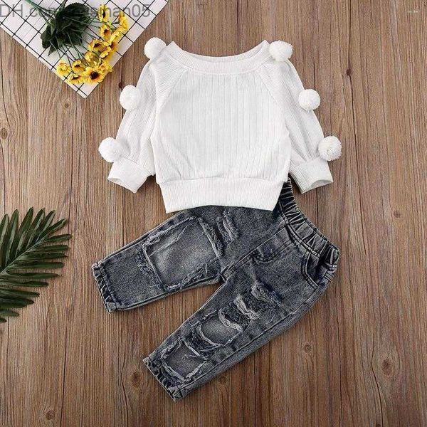 Conjuntos de ropa Conjuntos de ropa 1-5Y Niños Niñas Ropa de otoño Conjunto Bebé Jersey de manga larga Tops Suéteres Prendas de punto Ripped Denim Pant Jeans Niños Z230726