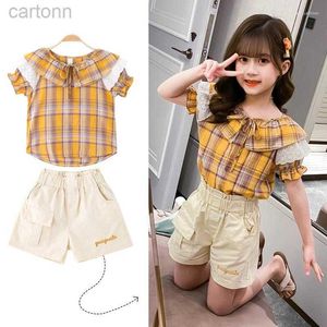 Ensembles de vêtements Ensembles de vêtements 5-12 ans enfants filles vêtements ensemble jaune Plaid T-Shirt pantalon court été mode tenue enfants costume ldd240311