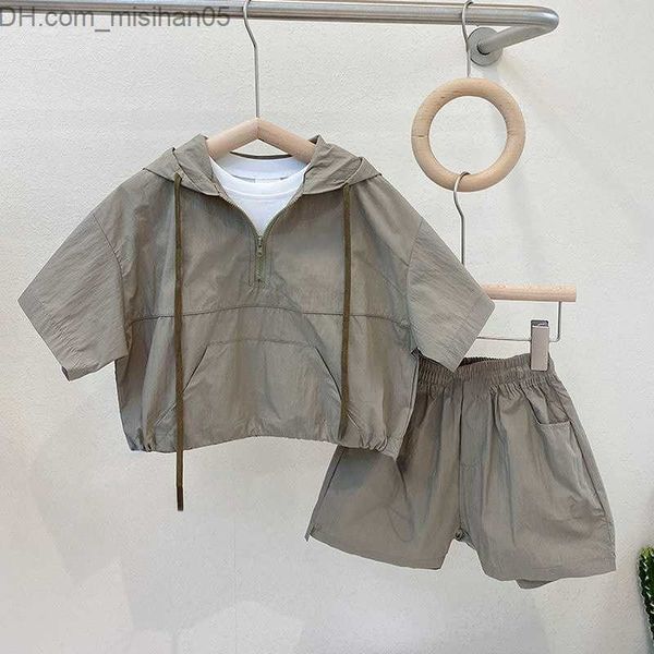 Conjuntos de ropa Conjuntos de ropa Niños Trajes de verano Manga corta Niños coreanos Bebé Cómodo con capucha Dos piezas Moda Niño pequeño Ropa Z230703