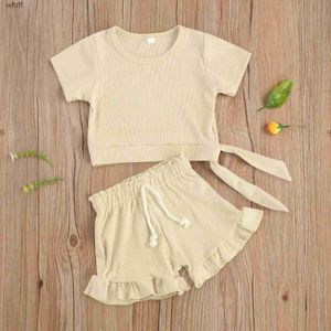 Ensembles de vêtements de vêtements de vêtements décontractés 2pcs tenue ensemble nouveau-né bébé filles en coton à manches courtes sur les courts courts-tonnes décontractés pour enfants enfants C240413