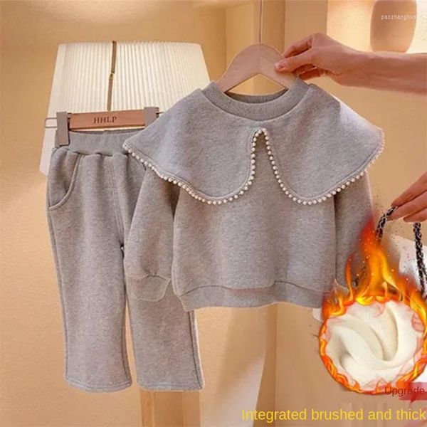 Conjuntos de ropa Conjuntos de ropa Otoño para niñas traje de suéter gris perla ropa de invierno para bebés más pantalones superiores con solapa de terciopelo para niños conjunto de 2 piezas de cumpleaños a la moda